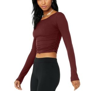 Alo Yoga Gather Long Sleeve Top in cranberry, size M